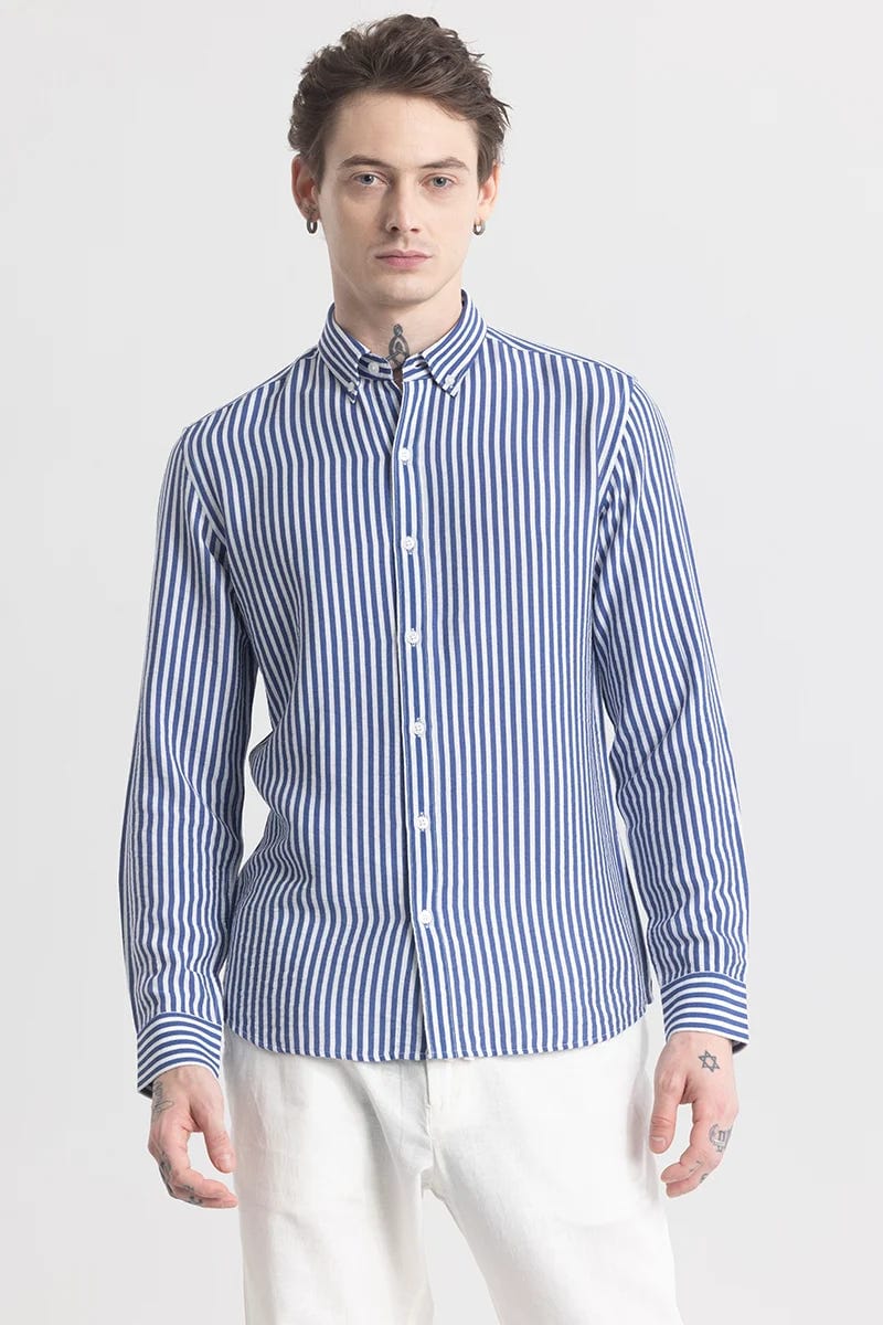Men's Blue & White Vertical Striped Full Sleeve Shirt